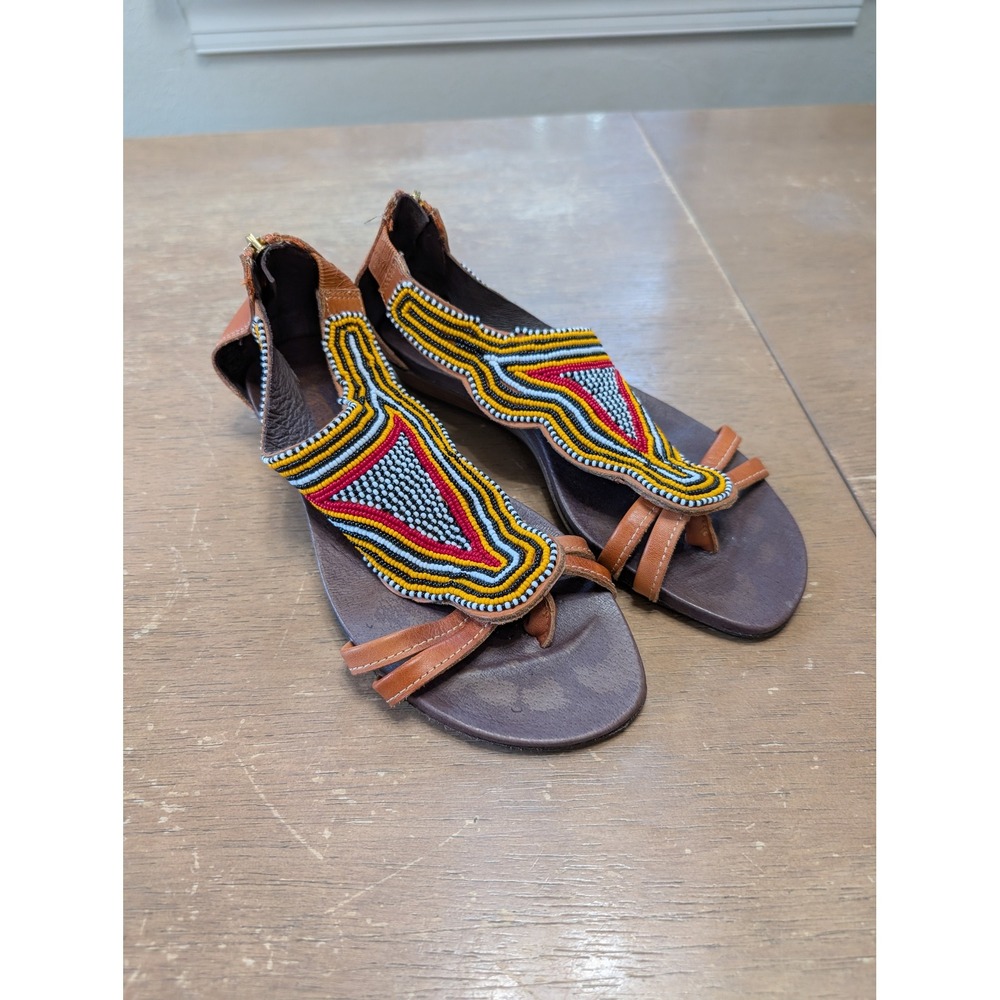 Pikolinos Maasai Project Beaded Leather Sandals Tan‎ Multicolor Womens 37 Flat
